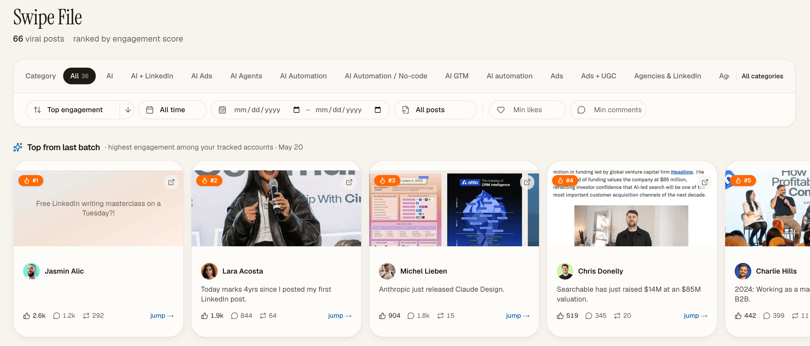 Swipe File dashboard — viral posts by engagement